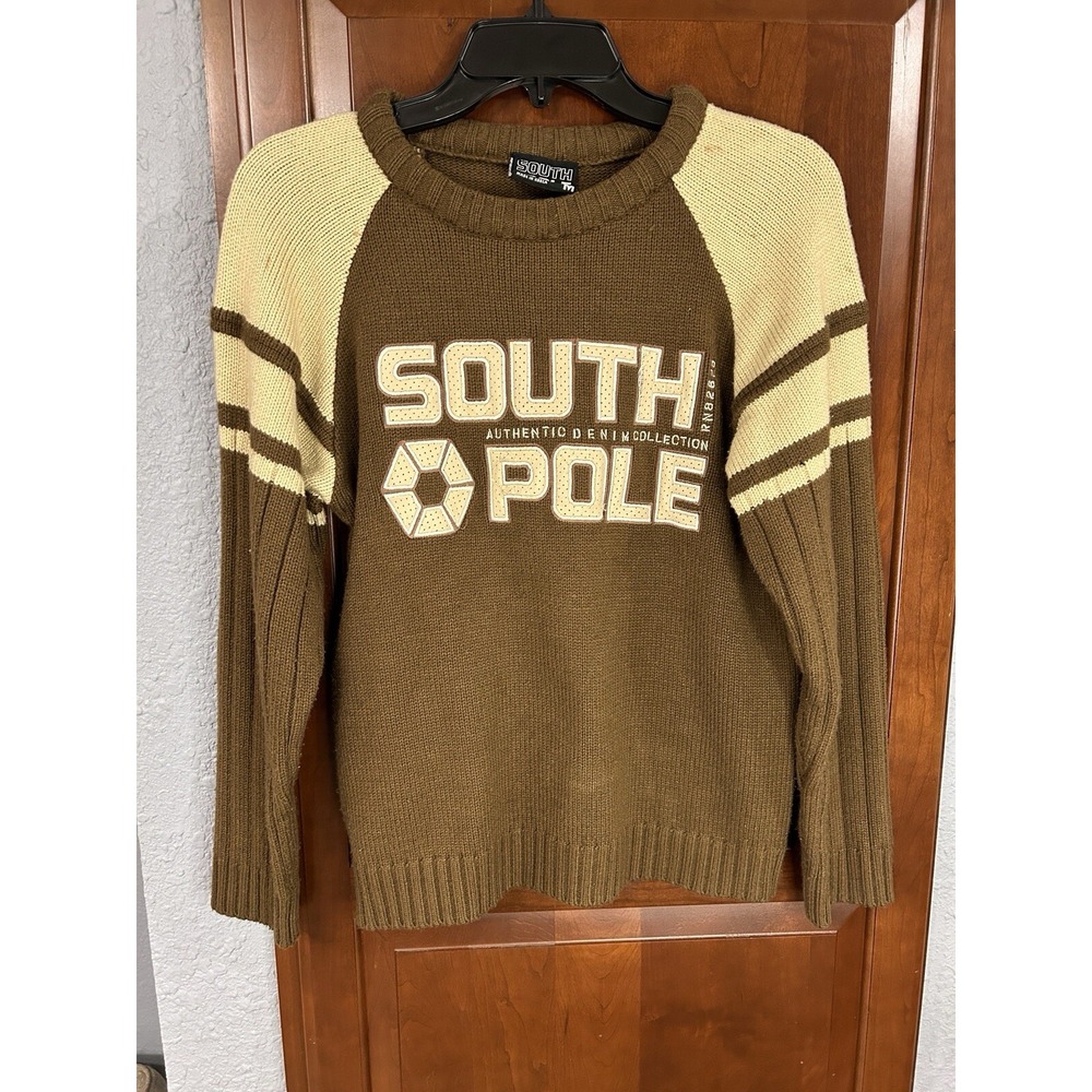 Vintage South Pole Mens Med Tan Brown Sweater Acrylic Authentic Collection 82628